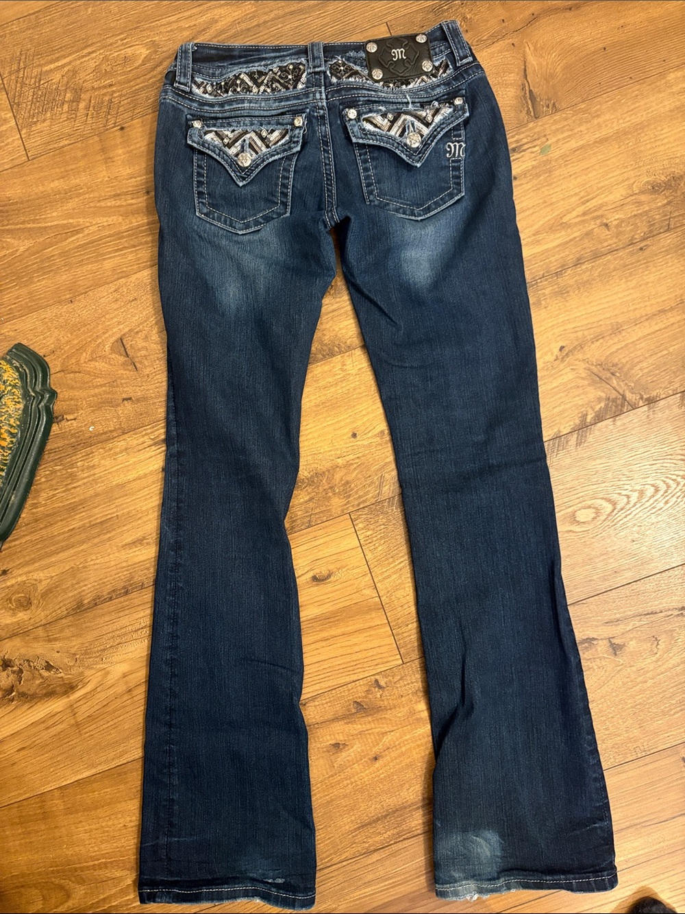 Miss Me Dark Blue Flare Jeans with Sequin Pockets